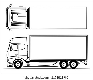 Una línea dibujada a mano de un coche de camión. Esquema Camión vectorial, camión, vista lateral y vista superior. Transporte urbano de carga a corta distancia. Ilustración vectorial plana moderna.