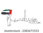 hand drawn line art vector of Arab man rising UAE flag standing front Dubai skyline