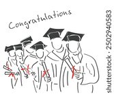 hand drawn line art vector of students at graduation ceremony. Degree holders postcard.