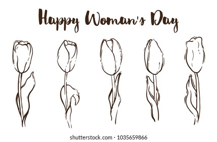Hand Drawn Line Art Vector Illustration for International Woman's Day. Coloring Book Page with Tulips