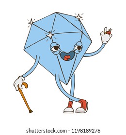 Hand Drawn Line art Vector Illustration. Cute Cartoon Character: An animated gemstone. Diamond shows rude hand gesture on white background