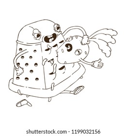 Hand Drawn Line Art Vector Illustration.  Cute Cartoon Character: Animated evil grater with cruelty rubs carrots. Coloring Book Page