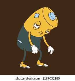 Hand Drawn Line Art Vector Illustration. Cute Cartoon Character: Low and exhausted battery on brown background