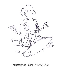 Hand Drawn Line Art Vector Illustration. Cute Cartoon Character: Anthropomorphic Whale on the surf. Surfer winks and smiles. Coloring Book Page