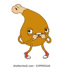 Hand Drawn Line Art Vector Illustration. Cute Cartoon Character: Sneaky fried chicken leg loads its fingers on white background