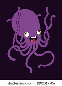 Hand Drawn Line Art Vector Illustration. Cute Cartoon Character: Cross-eyed octopus with wriggling tentacles on purple background