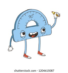 Hand Drawn Line Art Vector Illustration. Cute Cartoon Character: Animated Protractor with a pencil in hand. School measuring device on white background