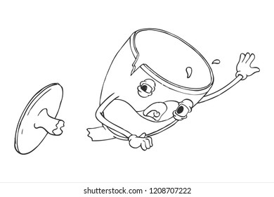 Hand Drawn Line Art Vector Illustration. Cute Cartoon Character: An Animated Broken Scared Wine Glass With A Split Leg. Coloring Book Page