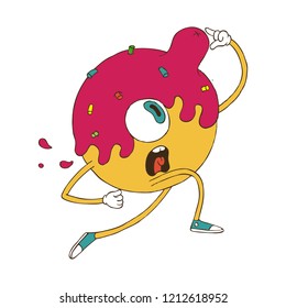 Hand Drawn Line Art Vector Illustration. Cute Cartoon Character: An animated scared donut with pink icing runs. Swelling on the monster's forehead on white background