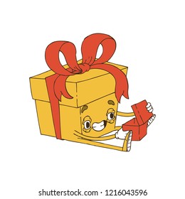 Hand Drawn Line Art Vector Illustration. Cute Cartoon Character: An animated box with a red bow opens a gift on white background.