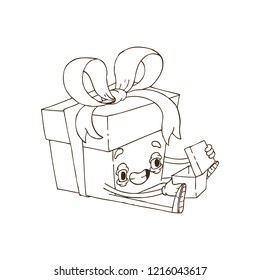 Hand Drawn Line Art Vector Illustration. Cute Cartoon Character: An animated box with a red bow opens a gift. Coloring Book Page