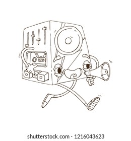 Hand Drawn Line Art Vector Illustration. Cute Cartoon Character: Animated cassette recorder with a large speaker, buttons and an equalizer shouts into the loudspeaker. Music speaker with a red flash
