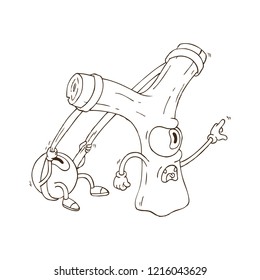 Hand Drawn Line Art Vector Illustration. Cute Cartoon Character: An animated slingshot with a big eye shows the direction of the index finger. Big round eye pulls the gum slingshot