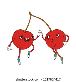 Hand Drawn Line Art Vector Illustration. Cute Cartoon Character: Two animated bouncing cherries on one branch give five to each other on white background