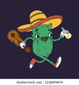 Hand Drawn Line Art Vector Illustration. Cute Cartoon Character: Animated cactus in a mexican sombrero carries a glass bottle with an alcoholic drink and guitar on blue background