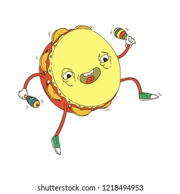 Hand Drawn Line Art Vector Illustration. Cute Cartoon Character: Animated tambourine in sneakers jumping and playing with maracas on white background