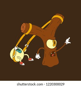 Hand Drawn Line Art Vector Illustration. Cute Cartoon Character: An animated slingshot with a big eye shows the direction of the index finger. Big round eye pulls the gum slingshot