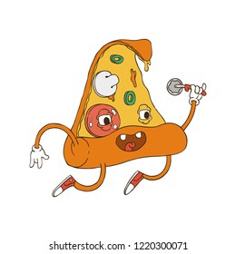Hand Drawn Line Art Vector Illustration. Cute Cartoon Character: Animated pizza with mushrooms, sausage, olives, cheese and pizza cutting knife on white background