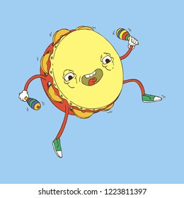 Hand Drawn Line Art Vector Illustration. Cute Cartoon Character: Animated tambourine in sneakers jumping and playing with maracas on white background