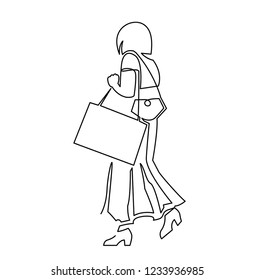 Hand drawn line art vector illustration of adult woman in long skirt walking to shop, view from back. Continuous one line drawing woman with bags goes to work