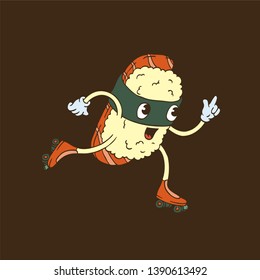 Hand Drawn Line art Vector Illustration. Cute Cartoon Character: Animated smiling sushi in a mask of nori seaweed on roller skates