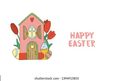 Hand Drawn Line art Vector illustration for Holiday Easter. A house with an egg-window and wooden shutters and a door with a window in the shape of a rabbit's head, an egg in a holder and tulip flower