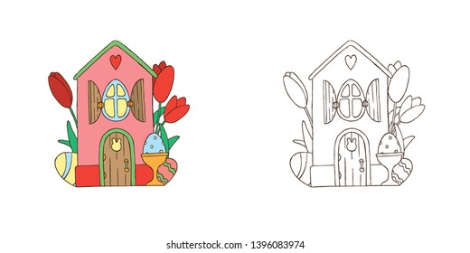 Hand Drawn Line art Vector illustration for Holiday Easter. A house with an egg-window and wooden shutters and a door with a window in the shape of a rabbit's head, an egg in a holder and tulip flower