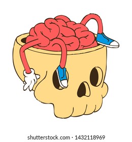 Hand Drawn Line Art Vector Illustration. Cute Cartoon Character: Animated human brain lies and rests in the skull, legs dangling