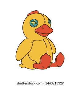 Hand Drawn Line Art Vector Illustration. Cute Cartoon Character: Toy plush yellow duck with button eyes and seams