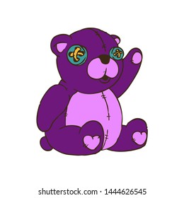 Hand Drawn Line Art Vector Illustration. Cute Cartoon Character: Toy plush purple bear with button eyes and seams