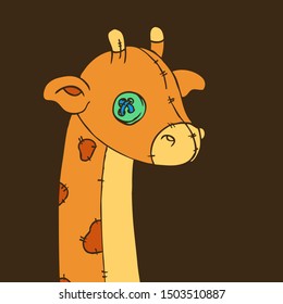 Hand Drawn Line art Vector Illustration. Cute Cartoon Character: Toy plush orange giraffe with button eyes and seams. Coloring book page