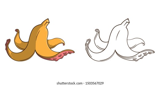 Hand Drawn Line Art Vector Illustration. Concept logo: Banana peel in the form of octopus tentacles. Coloring book page