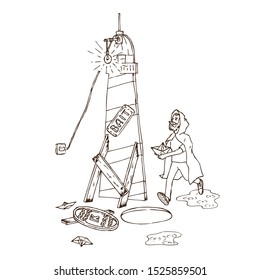 Hand Drawn Line Art Vector Illustration. A man with a beard and a paper boat in his hand in a yellow raincoat is walking near the sewer hatch and the scenery in the form of a lighthouse