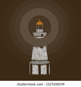 Hand Drawn Line Art Vector Illustration. Cape Besov Nos lighthouse on Lake Onega in St. Petersburg with a ring of light.