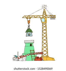 Hand Drawn Line Art Vector Illustration. Construction site with a crane building a lighthouse. Cross line, bucket with a roller, bricks.