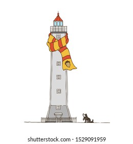 Hand Drawn Line Art Vector Illustration. Husky dog ​​near the gate wooden lighthouse on the pier near the Petrovsky Canal in Kronstadt.