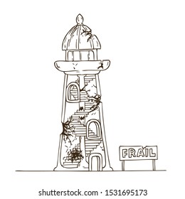 Hand Drawn Line Art Vector Illustration. A fragile glass crystal lighthouse with cracks, chips with a spiral staircase. Coloring book Page