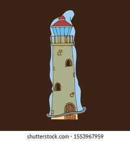 Hand Drawn Line Art Vector Illustration. A condom worn on an old lighthouse. The inscription on the wooden plate.