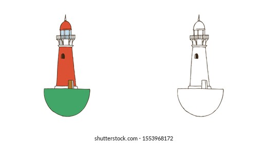 Hand Drawn Line Art Vector Illustration. Tumbler lighthouse on a semicircular base. Lighthouse pendulum on white background. Coloring book page