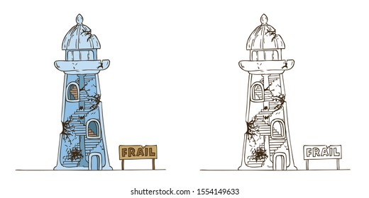 Hand Drawn Line Art Vector Illustration. A fragile glass crystal lighthouse with cracks, chips with a spiral staircase. Coloring book Page
