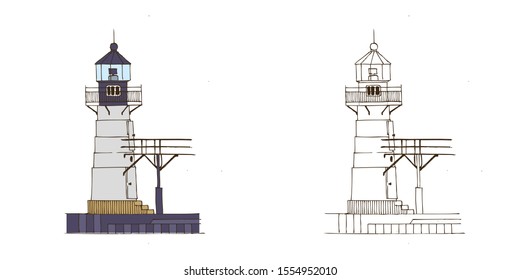 Hand Drawn Line Art Vector Illustration. St Joseph’s frozen lighthouse on Lake Michigan with a fragment of a bridge. Coloring book page