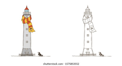 Hand Drawn Line Art Vector Illustration. Husky dog ​​near the gate wooden lighthouse on the pier near the Petrovsky Canal in Kronstadt. Coloring book page