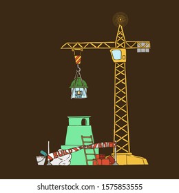 Hand Drawn Line Art Vector Illustration. Construction site with a crane building a lighthouse. Cross line, bucket with a roller, bricks.

