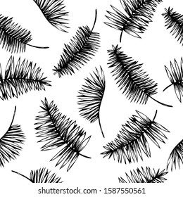 Hand drawn line art vector, palm tree branch icon black seamless pattern on white isolated background for use in design, wrapping paper, textile