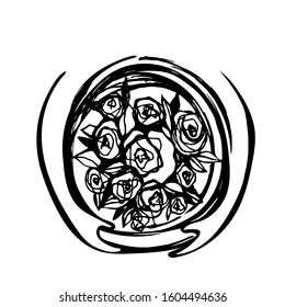 Hand drawn line art vector, rose flowers in hands in a round gift box on a white background isolated for use in design, doodle illustration, fashion, logo, postcard, cover