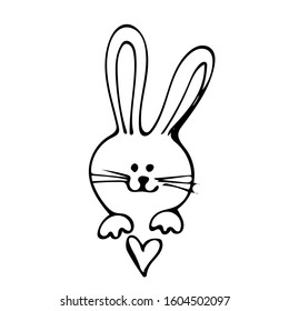 Hand drawn line art vector, cute little bunny and decorative heart on a white background isolated for use in design, doodle illustration, fashion, logo, postcard, cover