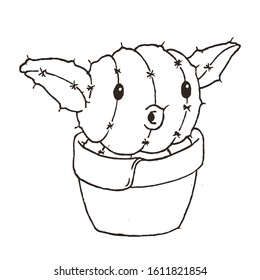 Hand Drawn Line Art Vector Illustration. Cute Cartoon Character: An animated cactus in a pot with large protruding ears. Coloring book page