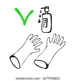 Vector artístico de línea dibujada a mano, icono de protección contra virus, enfermedades, gérmenes, bacterias, guantes y antisépticos, pulverizar sobre un fondo blanco aislado para su uso en diseño, logotipo, ilustración del doodle