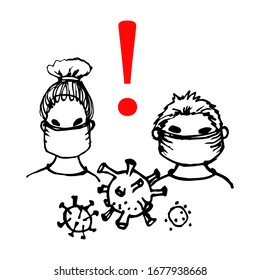 Hand drawn line art vector, icon of protection against virus, disease, germs, bacteria, masked people, spray on a white background, isolated for use in design, logo, doodle illustration