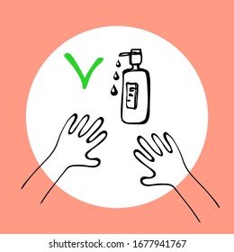 Hand drawn line art vector, icon of protection against virus, disease, germs, bacteria, hands and spray on a white background, isolated for use in design, logo, doodle illustration